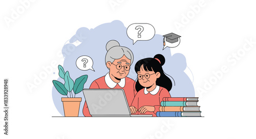 A heartwarming flat illustration of a young girl patiently teaching her elderly grandmother how to use a laptop computer at home.