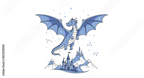 A cute and friendly blue dragon flying in a starry sky above a whimsical medieval castle perched on a snowy mountain peak.