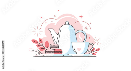 A charming and minimalist illustration of a teapot, a steaming cup of tea, and pink macarons on a plate with pink accents.