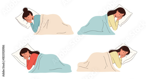 A set of four charming illustrations showing a young woman sleeping peacefully in her bed in different colored pajamas.