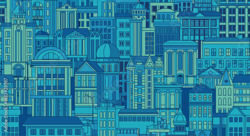 A dense and detailed seamless pattern of a cityscape with various buildings and architecture in monochromatic shades of blue.