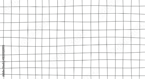 An abstract black and white background featuring a distorted and warped grid pattern with irregular lines and a glitch effect.