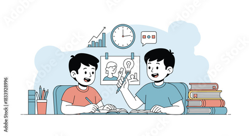An illustration of two boys studying together at a desk, with one helping the other understand a concept with a lightbulb icon.