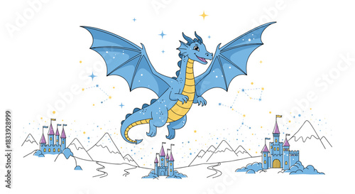 A large blue dragon flies over a whimsical fantasy map landscape with multiple castles, mountains, and constellations in the sky.