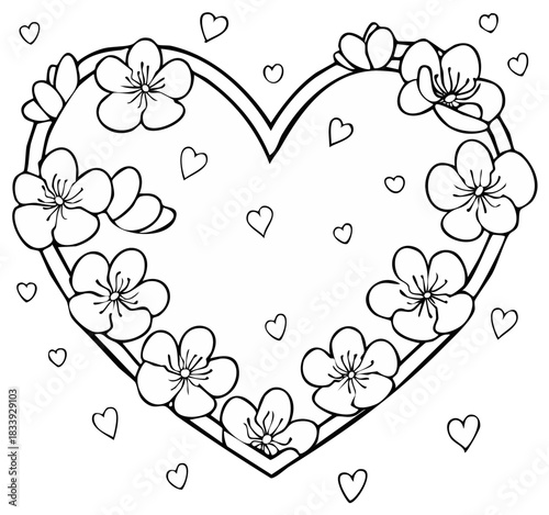 Heart shape adorned with blooming cherry blossoms and scattered tiny hearts illustration
