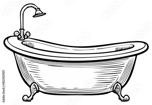 Classic clawfoot bathtub with shower sketch traditional bathroom fixture vintage line art drawing elegant home decor element