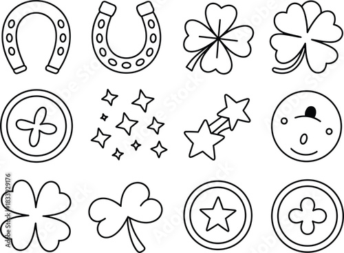 Black and White Good Luck Charms Outline Vector Set: Hand-Drawn Horseshoe, Clover, Four-Leaf Shamrocks, and Coins for St. Patrick's Day or Fortune Graphics.