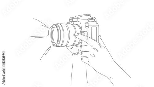 Creative one line art drawing of hands holding camera taking a picture