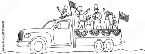 People in top hats waving from a truck with American flags
