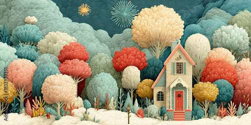 Playful pastel new year scene with cozy house, snow and fireworks, wide panoramic header