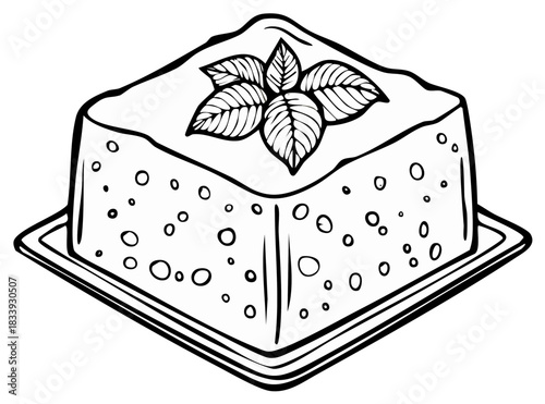 Hand drawn block of feta cheese or tofu with mint garnish vector line art illustration