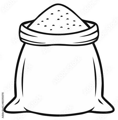 Black and white line art illustration of a full open sack containing granular material like sugar, flour, or grain