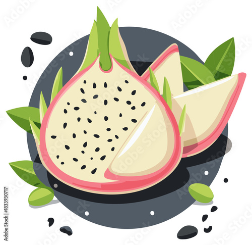 Illustration of a Pitaya Fruit with Slices and Leaves
