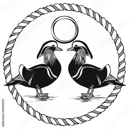 Two Mandarin Ducks Embraced by Rope Emblem and Celestial Circle