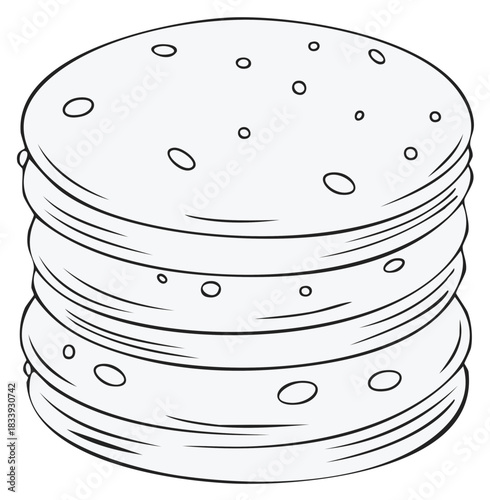 Stack of round flatbreads with holes in a simple line art illustration style