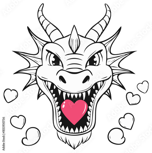 Stylized Cartoon Dragon Head with Hearts Around It, Celebrating Love and Friendship with an Illustration Style Design