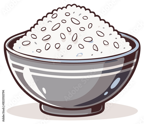 Bowl overflowing with rice grains cartoon illustration food serving meal