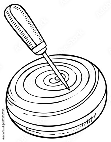 Hand Drawn Outline Illustration of a Tool Piercing a Circular Object with Concentric Rings