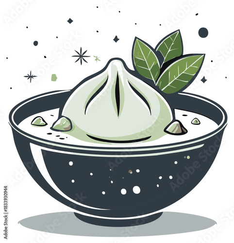 Dumpling in Bowl with Broth and Leaves, Dumplings, Khinkali, Manti, Soup
