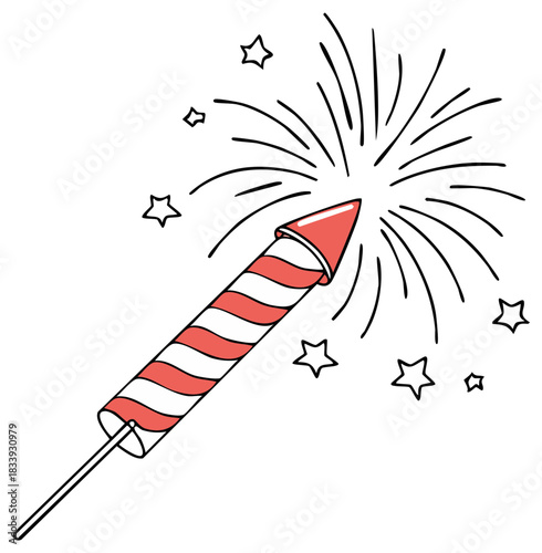 Hand drawn cartoon firework rocket exploding with stars and sparks