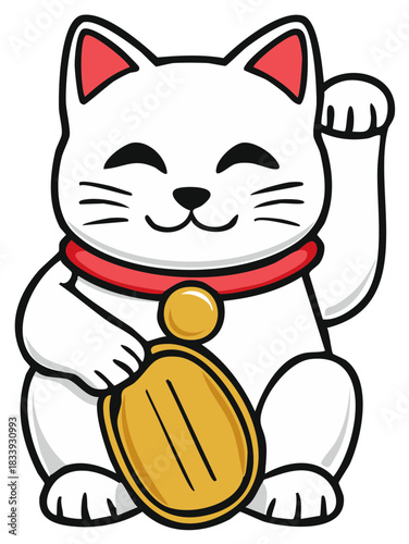 Cartoon illustration of a traditional Japanese lucky cat waving with charm