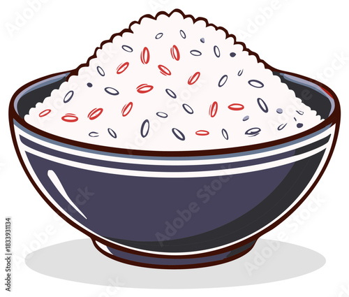 Rice Bowl Abundance: Cartoon Illustration of Cooked Grains with Red and Black Seeds in a Serving Dish