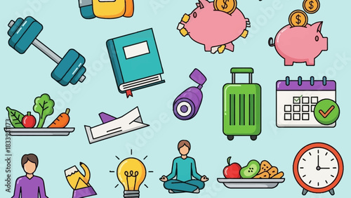 Health, Travel, and Productivity Icons A Collection of Modern Vector Graphics