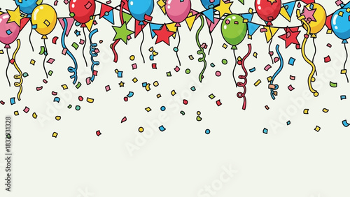 Festive hand-drawn celebration background with colorful hanging balloons, bunting, and confetti streamers
