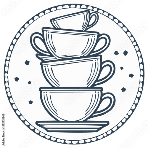 Stack of Cups Vintage Illustration in a Decorative Circle Frame Elegant Design