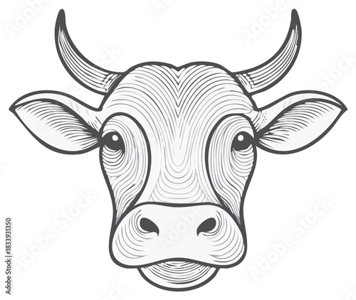 Cow Face Outline Illustration with Horns, Linear Design, Head of Cattle, Farm Animals