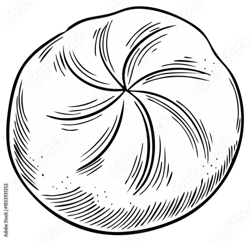 Black and white illustration of a round bun with six scoring marks radiating from the center