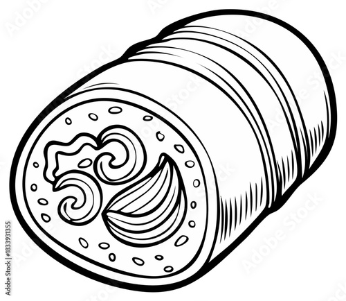 Stylized illustration of a single sushi roll with visible ingredients and outer wrapper