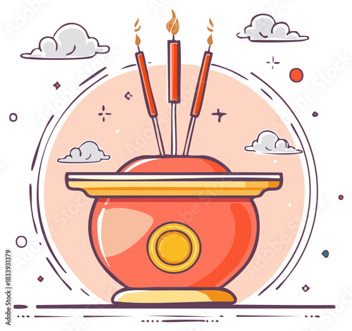 Traditional burning incense sticks in a decorative altar pot with glowing flames and clouds