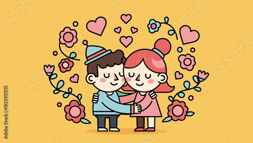 Loving couple embracing surrounded by flowers and hearts representing affection and romance on a warm yellow background
