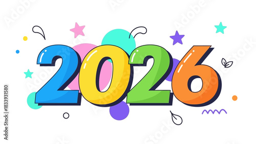 Colorful 2026 Typography Design Fun Illustration with Stars, Bubbles, and Festive Elements