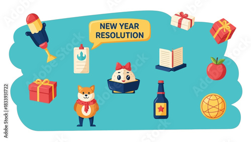 Illustrative guide to New Year's resolutions, featuring symbols for personal growth, health, learning, travel, and celebration of new beginnings