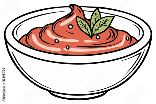 Tomato Sauce in a Bowl: Vibrant Red Dip with Fresh Green Herbs, Culinary Illustration