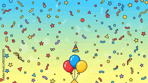 Celebration And Party Scene With Falling Confetti And Balloons Creating A Festive Atmosphere