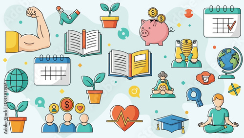 Set of health, knowledge, and financial icons for well-being and personal growth concepts