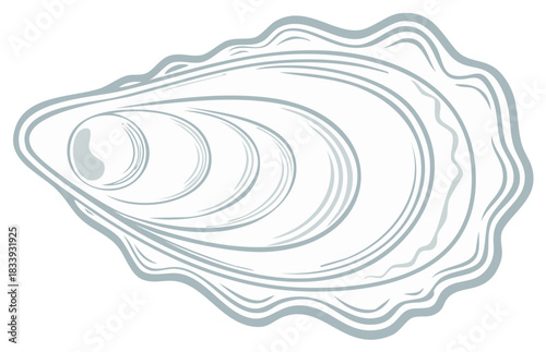 Stylized line art illustration of an open oyster shell with a precious pearl