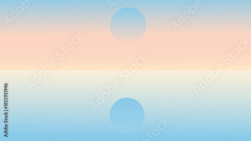Pastel Horizon Reflection with Soft Blue Spheres – Minimal Sunset Gradient Art, Soft Pastel Gradient Sky with Two Floating Spheres – Minimal Dreamy Background.