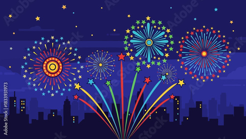 Vibrant vector illustration of a festive fireworks display bursting with color over a city skyline at night