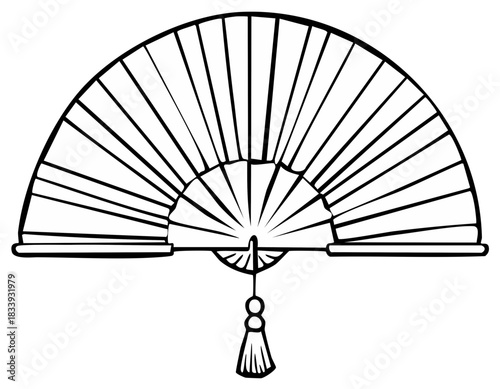 Traditional Open Folding Hand Fan with Tassel Black and White Line Art Illustration