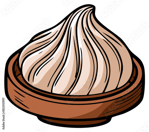 Stylized illustration of a single dumpling in a bamboo steamer basket