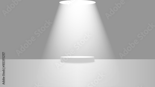 Minimal White Spotlight Podium in a Clean Grey Studio Background. Minimal Gray Podium with Dramatic Top Spotlight – Clean Monochrome Product Stage. 