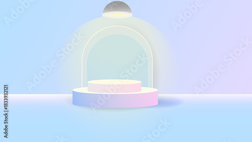 Pastel Glow Podium with Soft Spotlight and Sparkling Lights in a Futuristic Minimal Display Scene. Pastel Gradient Podium with Glowing Arch & Sparkles – Dreamy Minimal Product Display Background. 