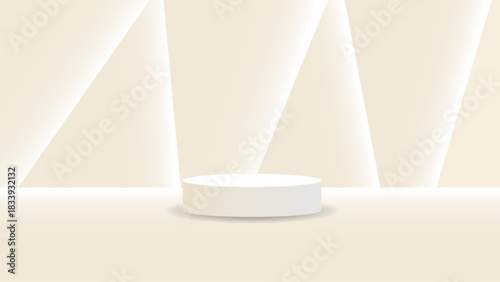 Minimal Cream Showcase Podium with Soft Spotlights.  Elegant Product Display Background. Minimal Beige Product Podium with Soft Geometric Light Rays, Luxury Clean Display Background.
