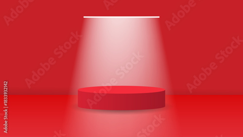 Bold Red Spotlight Podium for Product Display and Promotional Scenes. Bold Red Podium with Dramatic Top Spotlight – Vibrant Minimal Product Stage