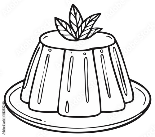 Hand drawn jelly pudding dessert with mint garnish on a plate. Black and white outline for coloring page.