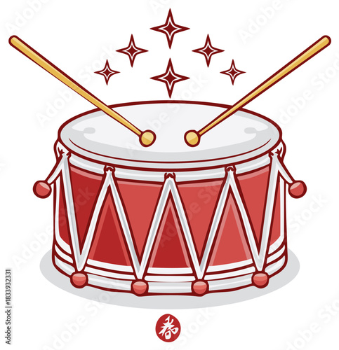 Cartoon drum with drumsticks and sparkling starbursts, music concept.
